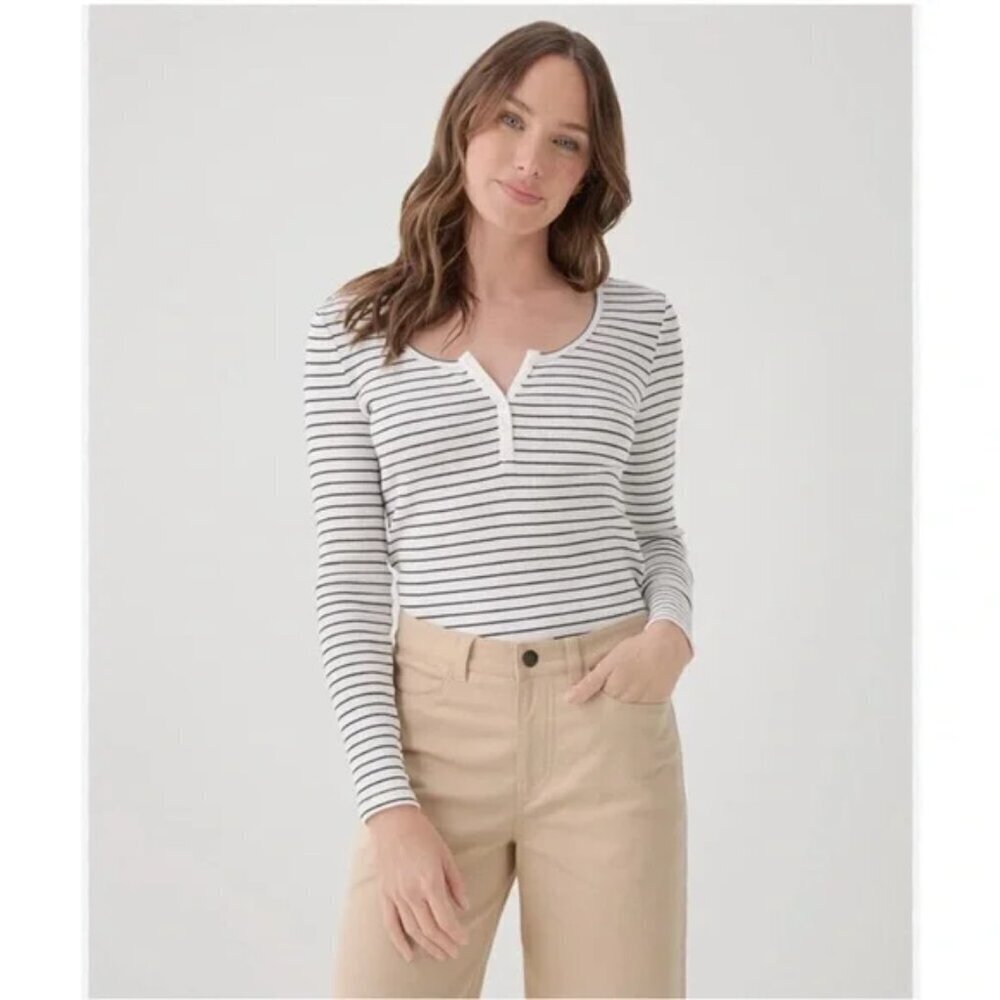 Pact Henley Black White Striped Long Sleeve Top size Large minimalist preppy